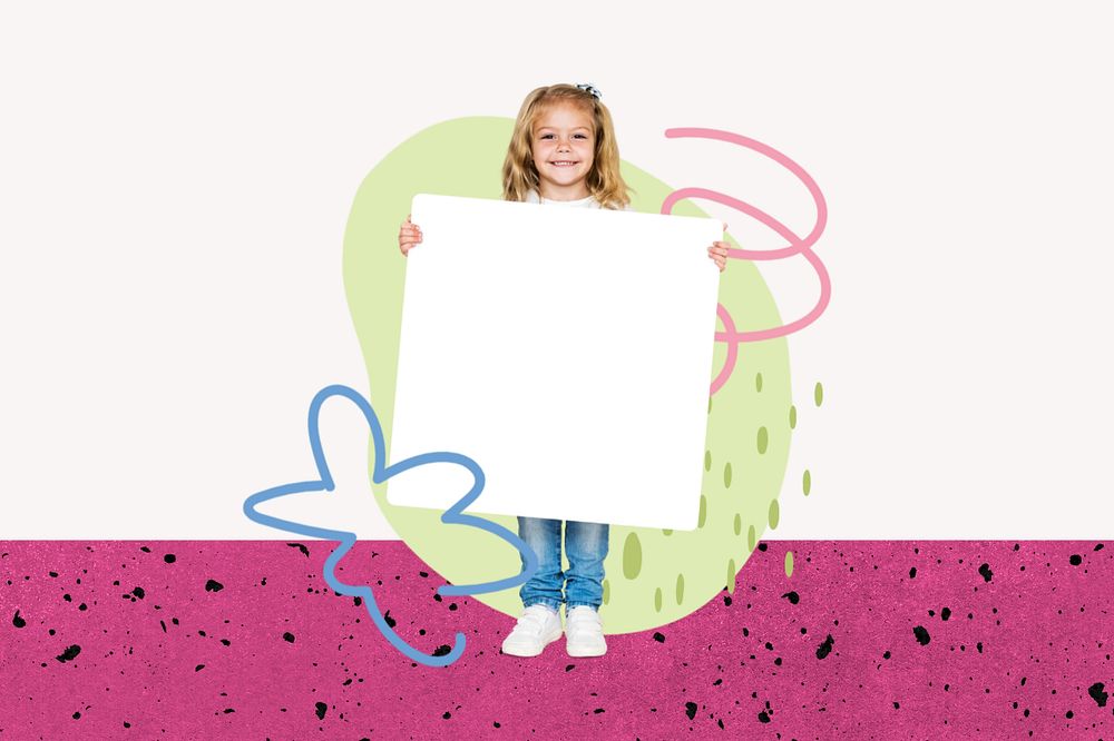 Girl holding sign background, cute  editable design