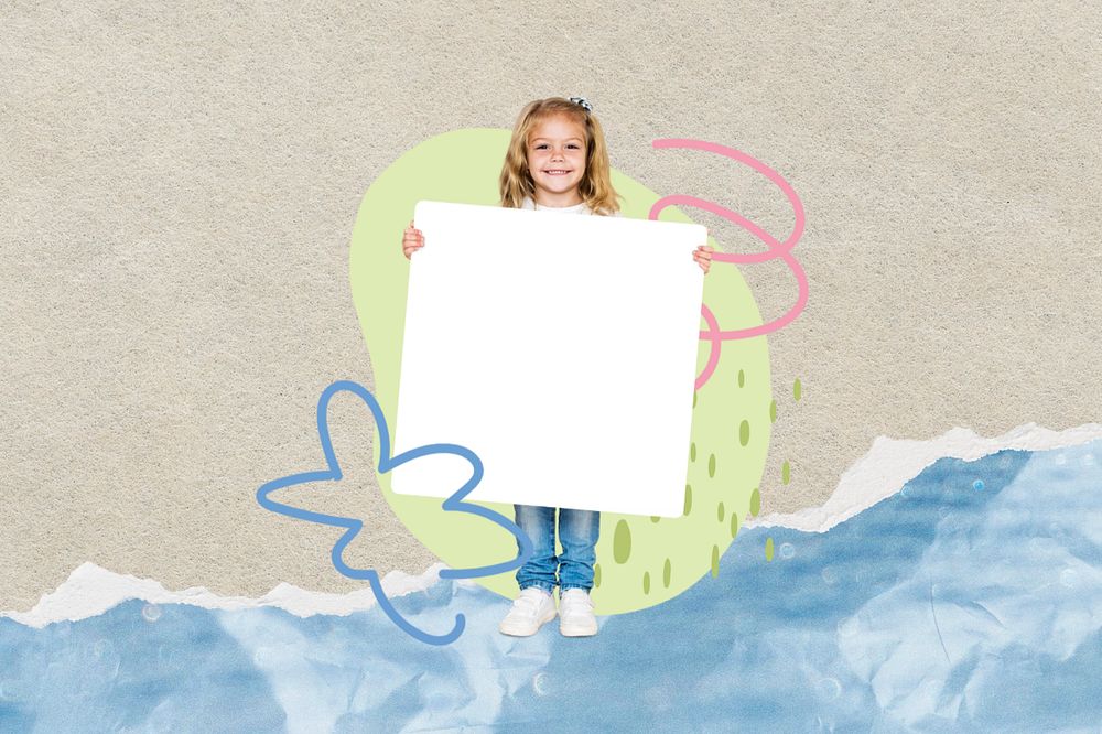 Kid holding sign background, cute  editable design