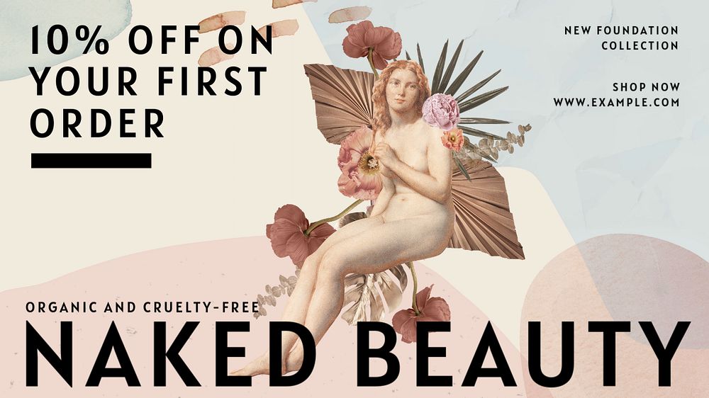 Naked beauty cosmetics blog banner template, editable text & design