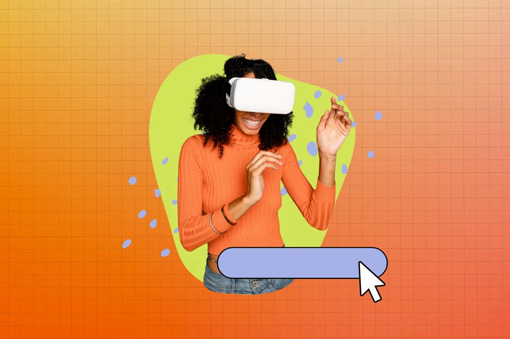 Woman enjoying VR background, orange  editable design