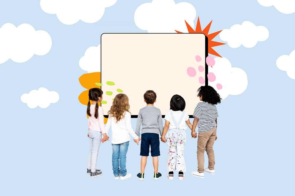 Kids looking at sign background, cute  editable design