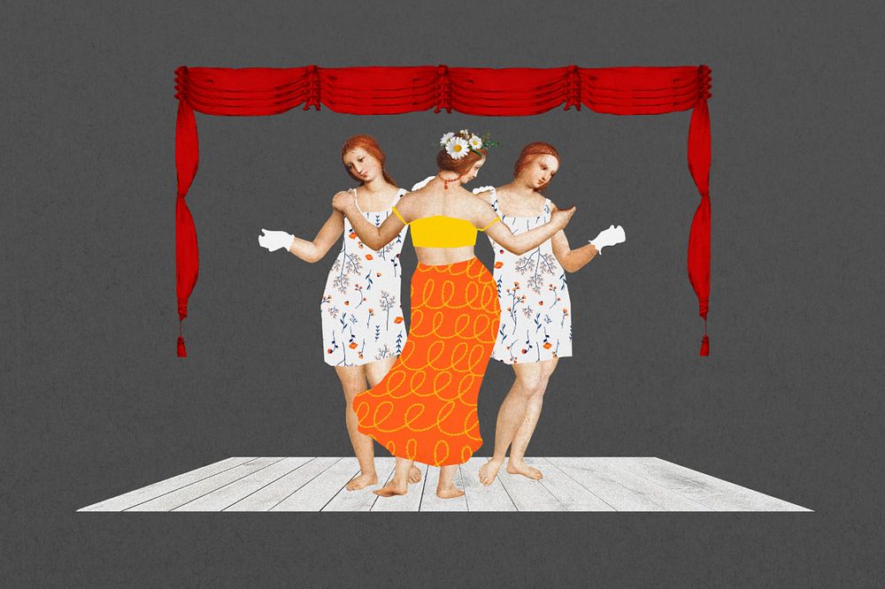 Raphael's Three Graces background, musical theatre collage, remixed by rawpixel, editable design