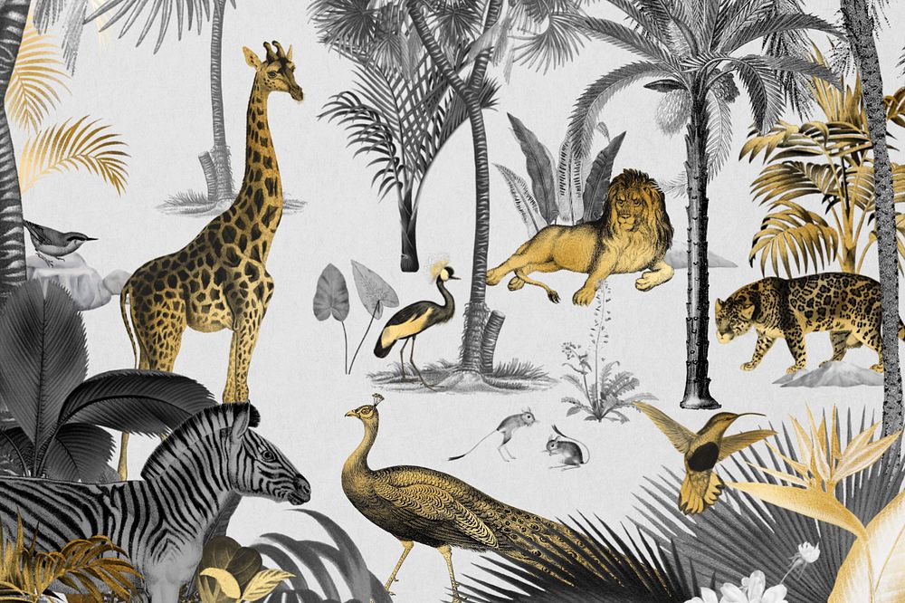 Gold wildlife pattern background, jungle animals illustration, editable design