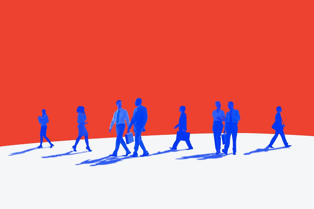 Orange businesspeople walking, digital remix, editable design