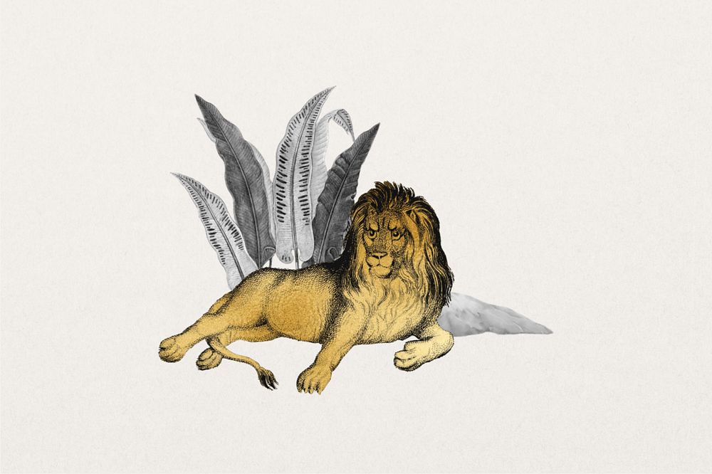 Golden lion sticker, botanical and wildlife remix, editable design