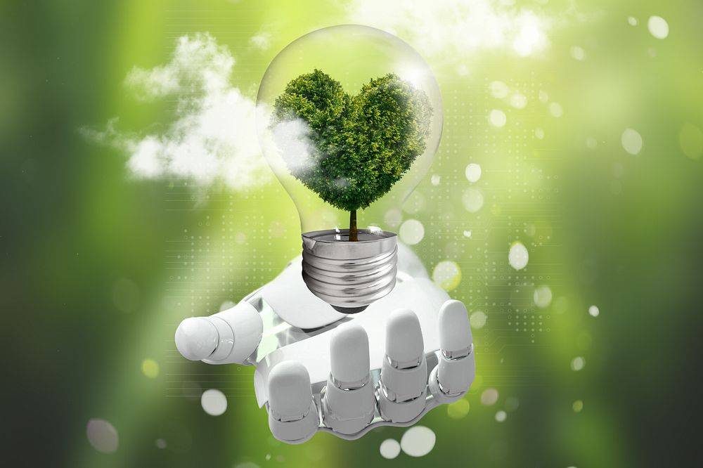 Green energy, heart light bulb, digital remix, editable design