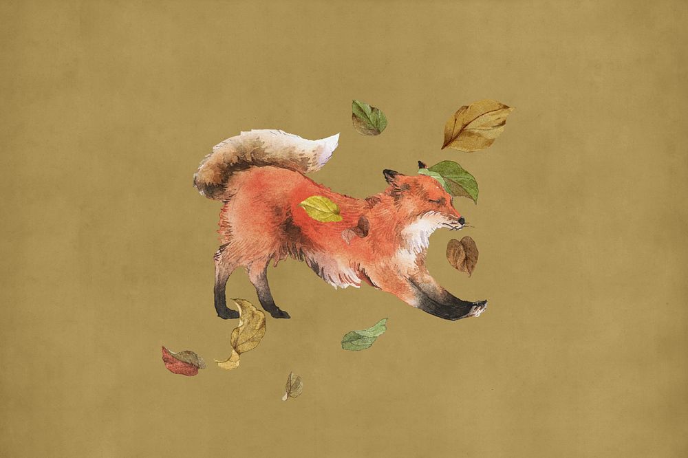 Editable Autumn red fox, wild animal with falling leaves design