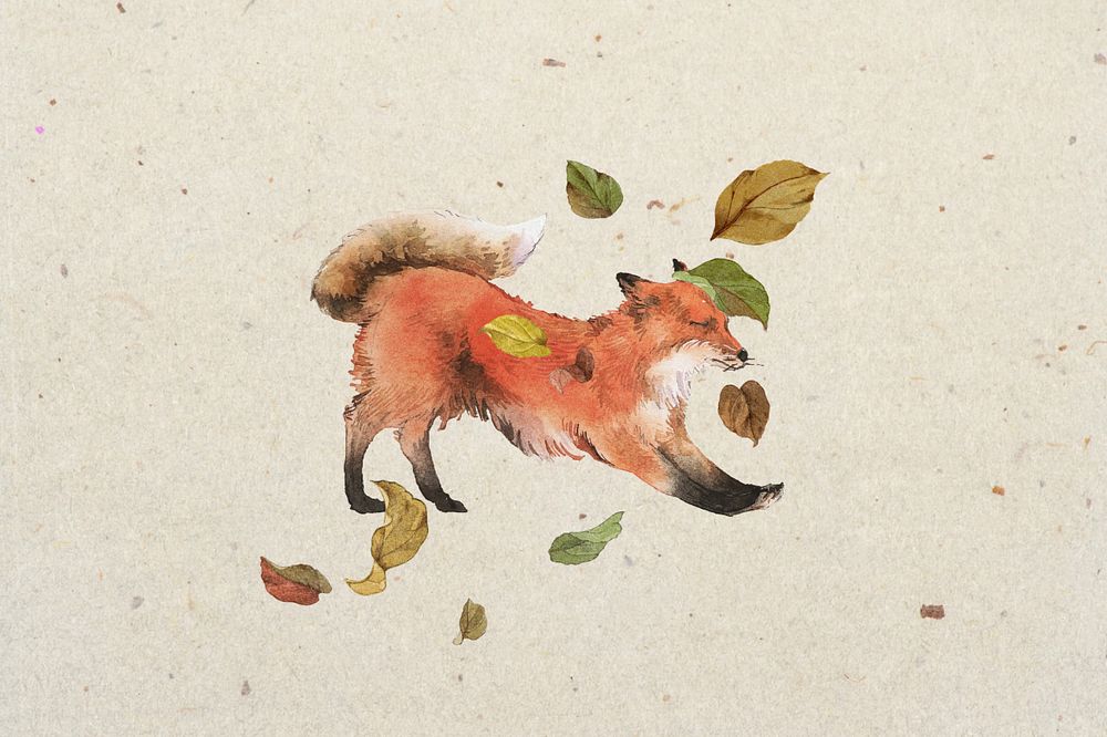 Autumn red fox, editable wild animal with falling leaves design