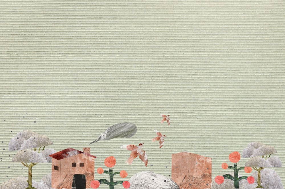 Green textured background, houses and nature paper collage, editable design