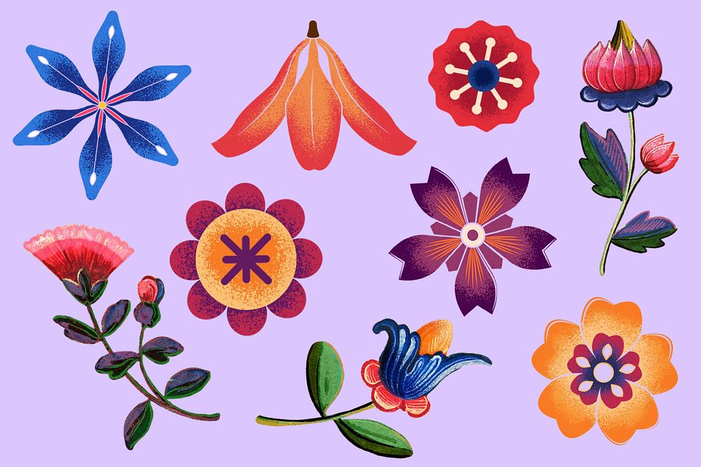 Colorful vintage flower sticker set, editable design