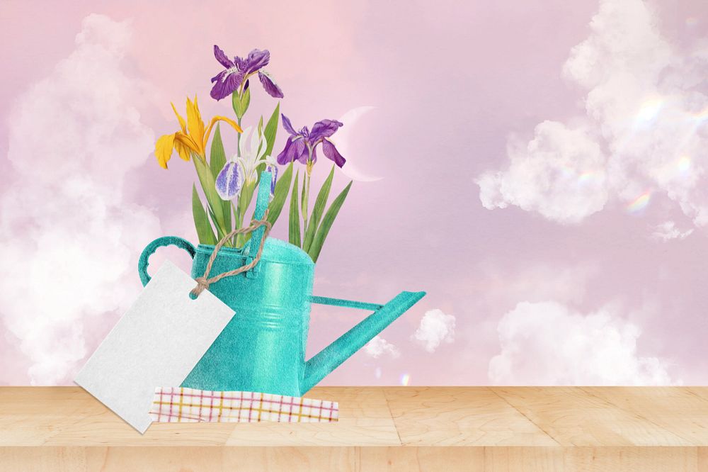 Spring background, editable iris in watering can collage element remix design