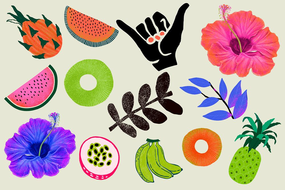 Colorful tropical fruits sticker set, editable design