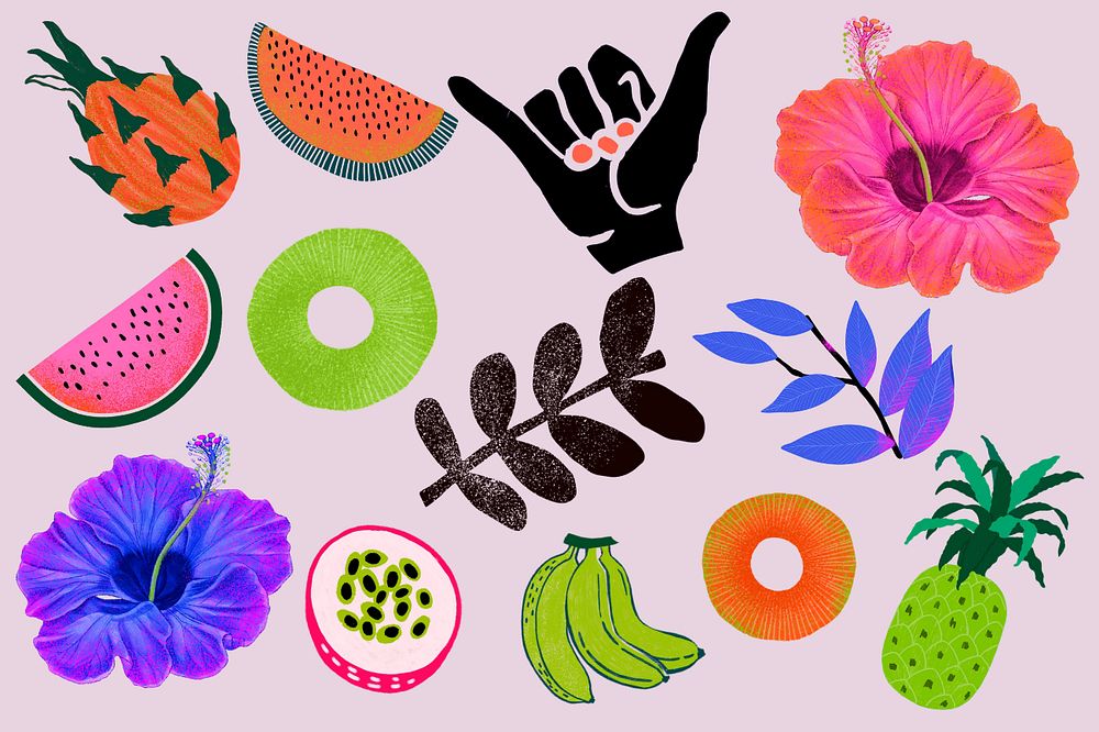 Colorful tropical fruits sticker set, editable design