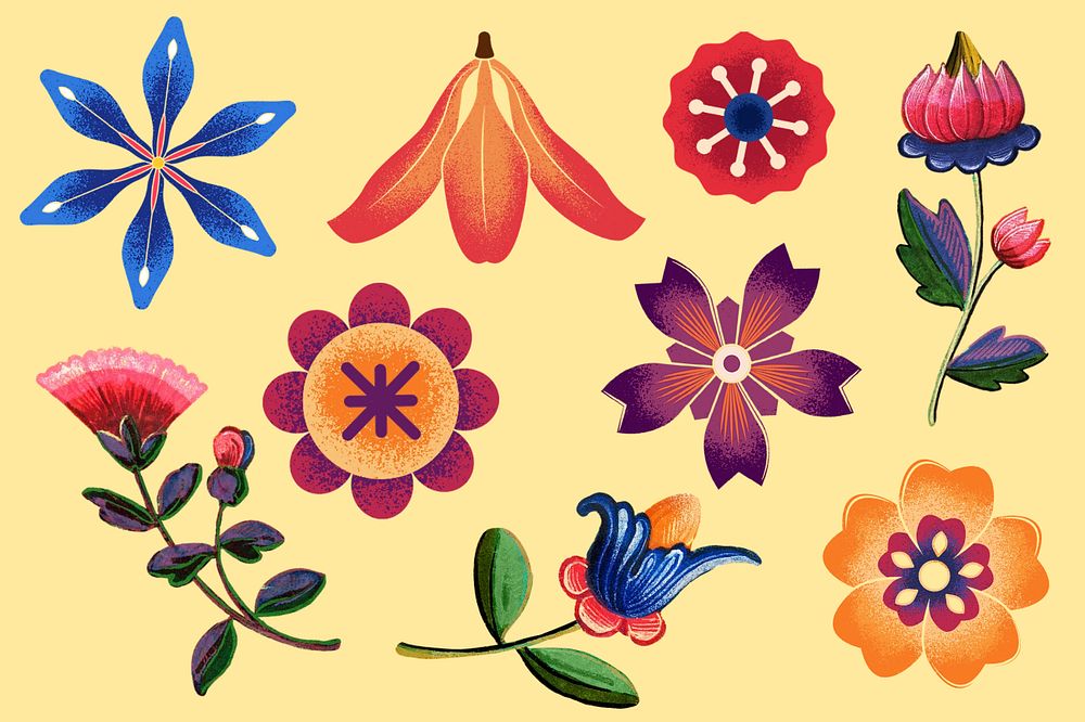 Colorful vintage flowers sticker set, editable design