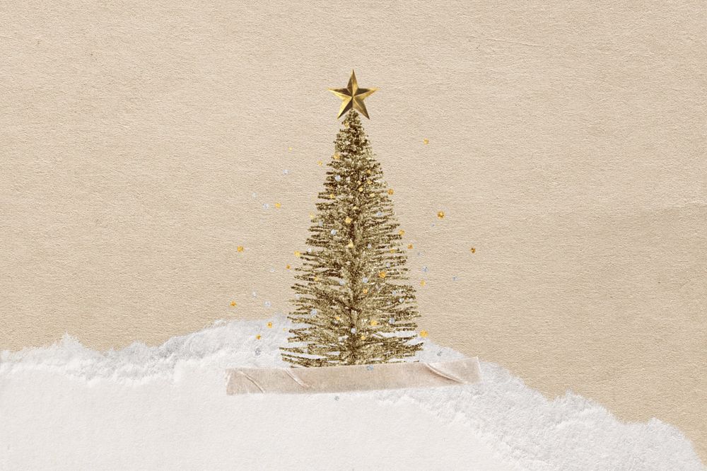 Gold Christmas tree, editable Winter collage element design