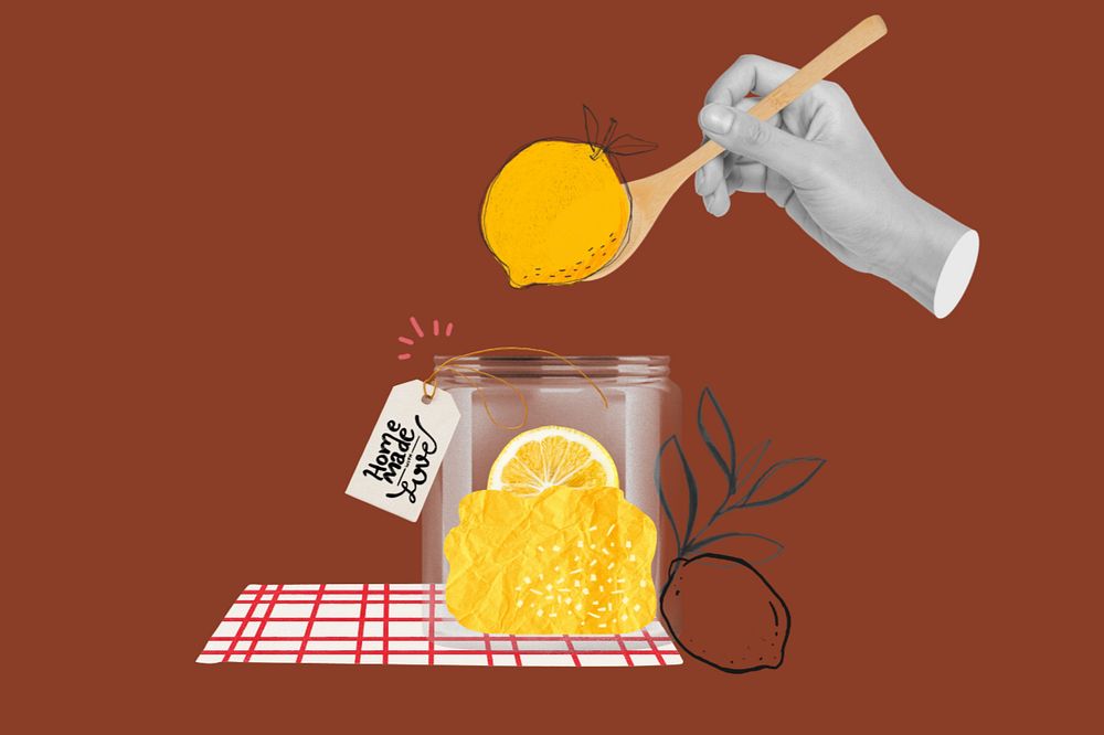 Honey lemon jar background, creative food collage, editable design