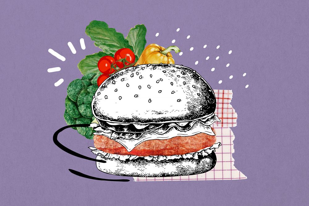 Plant-based burger background, vegetarian food collage, editable design