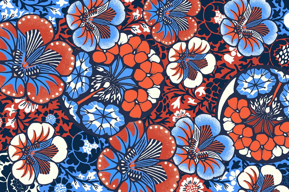 Batik flower patterned background, red and blue botanical illustration, editable design