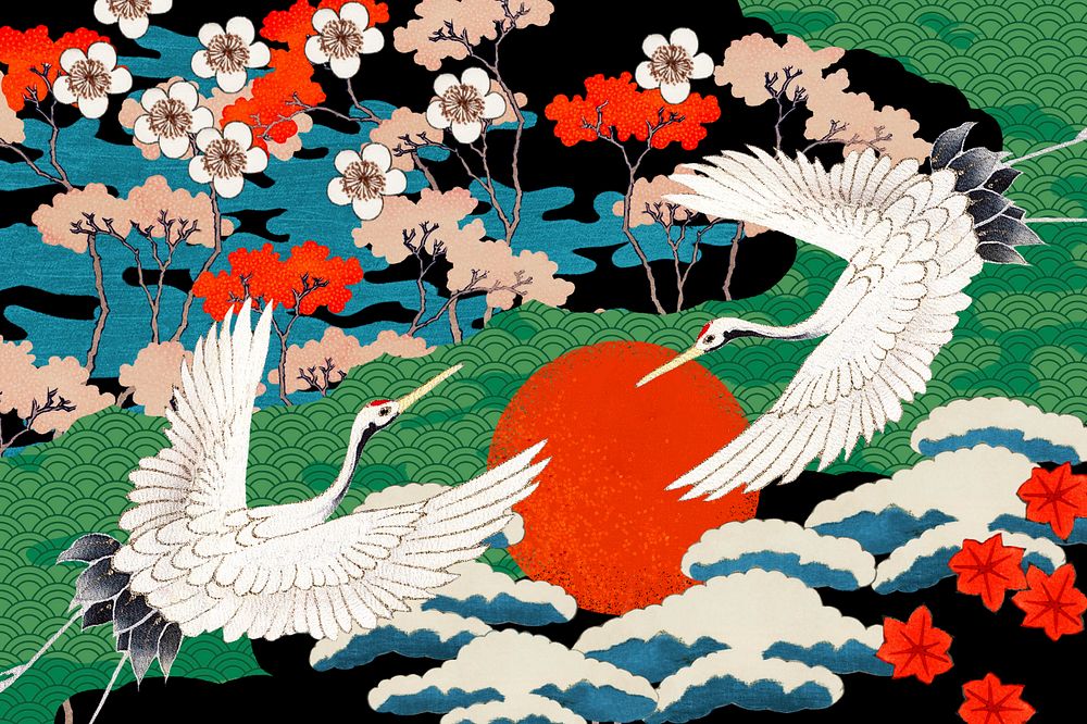 Vintage Japanese crane-patterned background, traditional illustration remixed from the artwork of Watanabe Seitei, editable…