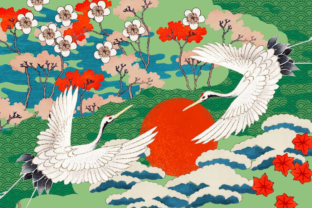 Vintage Japanese crane-patterned background, traditional illustration remixed from the artwork of Watanabe Seitei, editable…