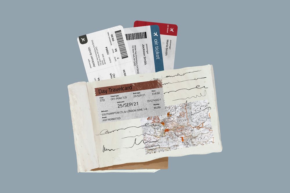 Flight tickets, aesthetic travel collage design