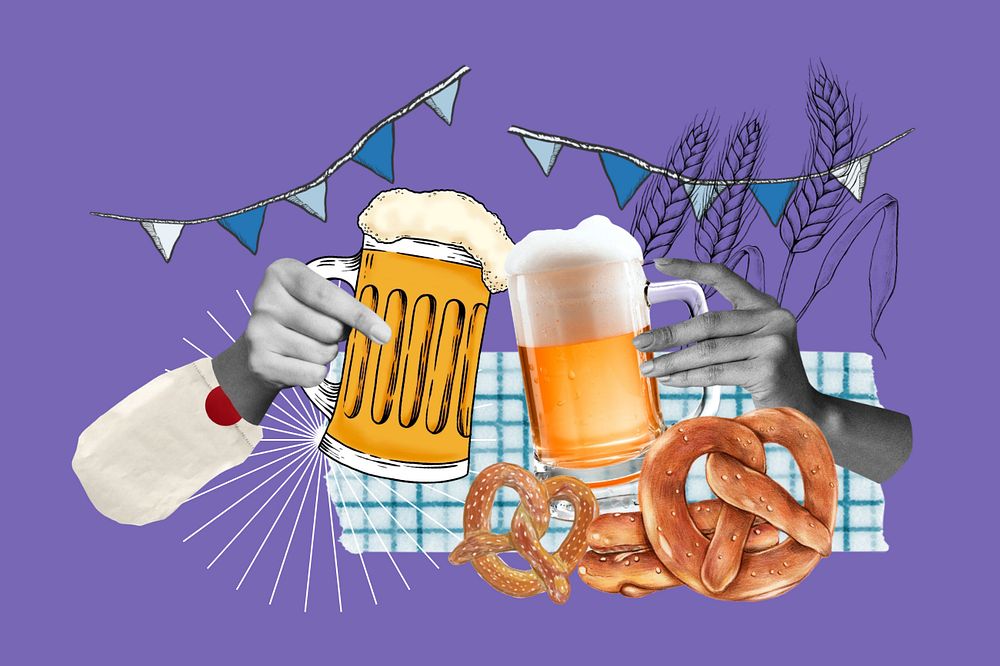 Oktoberfest beer glasses background, creative celebration collage, editable design