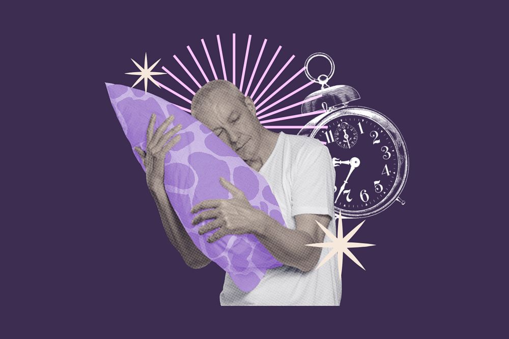 Man hugging pillow background, creative mental health collage, editable design