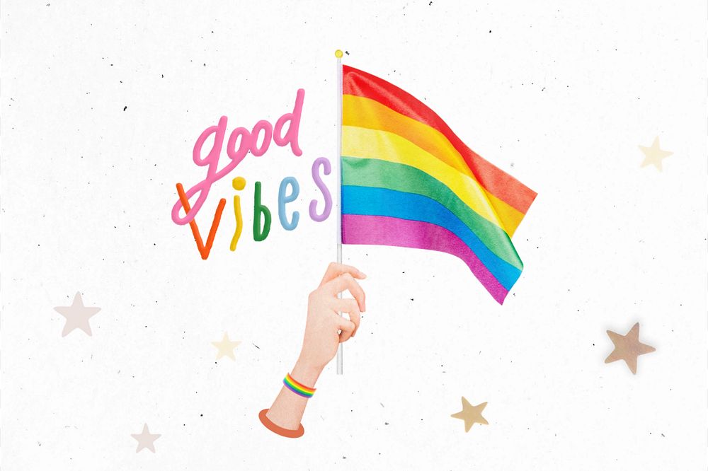 LGBTQ pride flag, editable good vibes words collage design