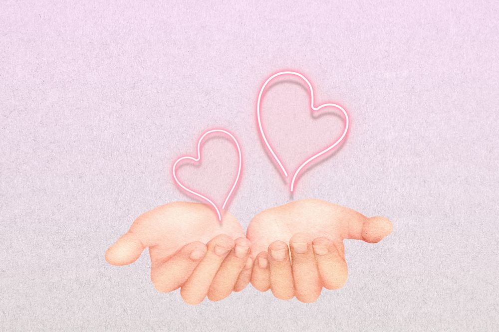 Giving love hand gesture, editable neon hearts