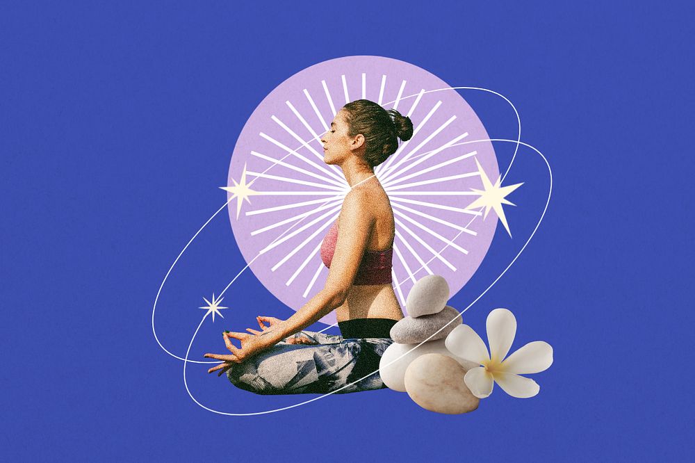 Meditating woman background, creative wellness collage, editable design