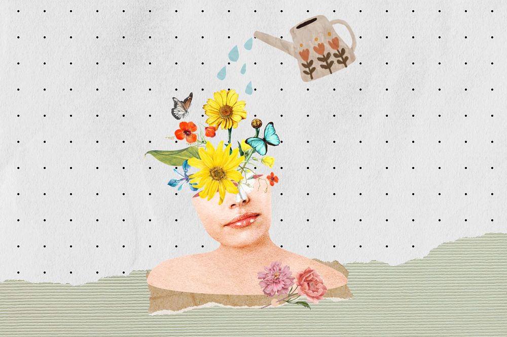 Self-growth woman, editable can watering mind collage design