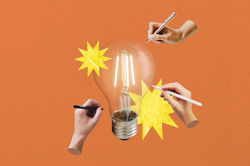 People brainstorming ideas collage element, light bulb remix editable design