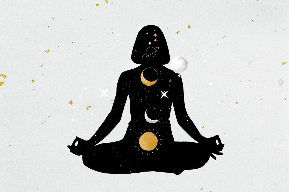 Celestial meditation pose, editable silhouette astrology art design