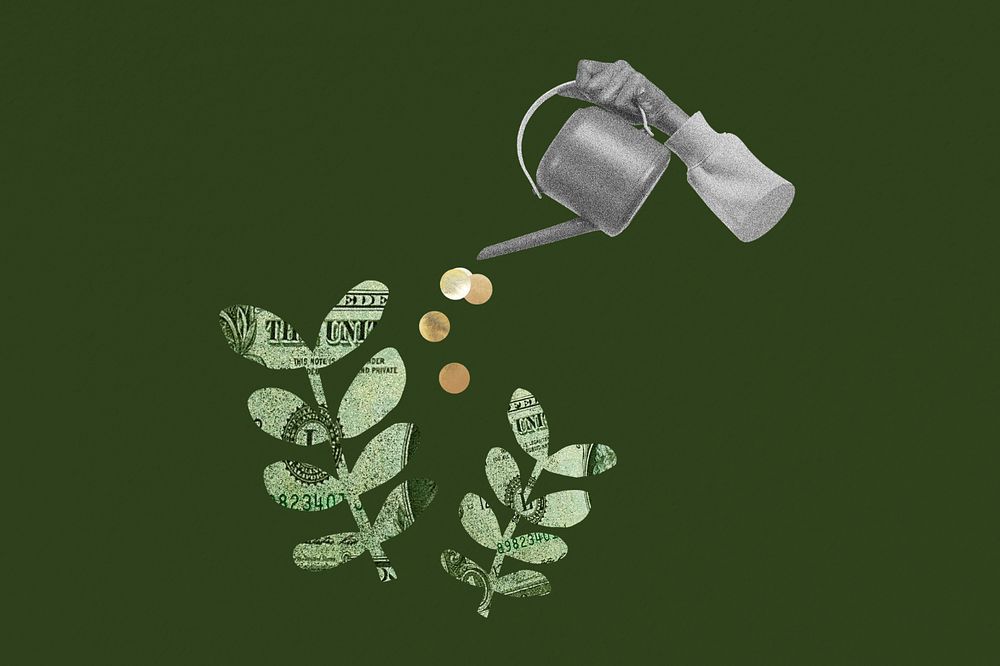 Investment background, hand watering money plant, finance remix editable design