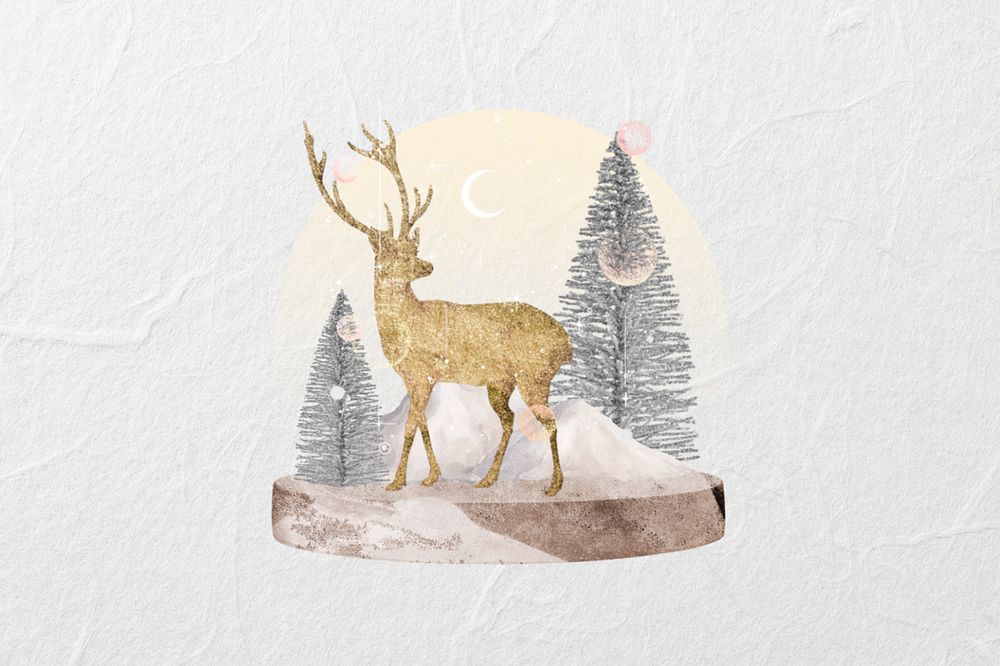 Editable gold stag, Christmas snow globe collage element design