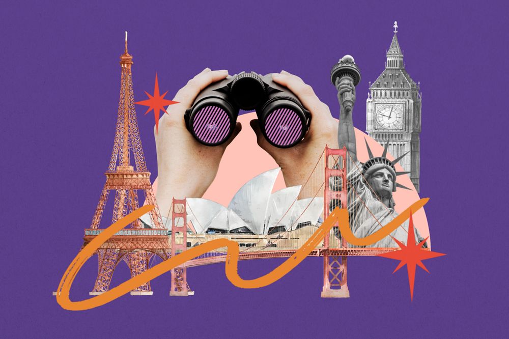 Famous travel landmarks background, creative collage, editable design