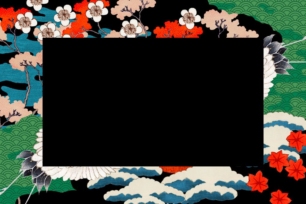 Japanese crane-patterned frame background, traditional illustration remixed from the artwork of Watanabe Seitei, editable…