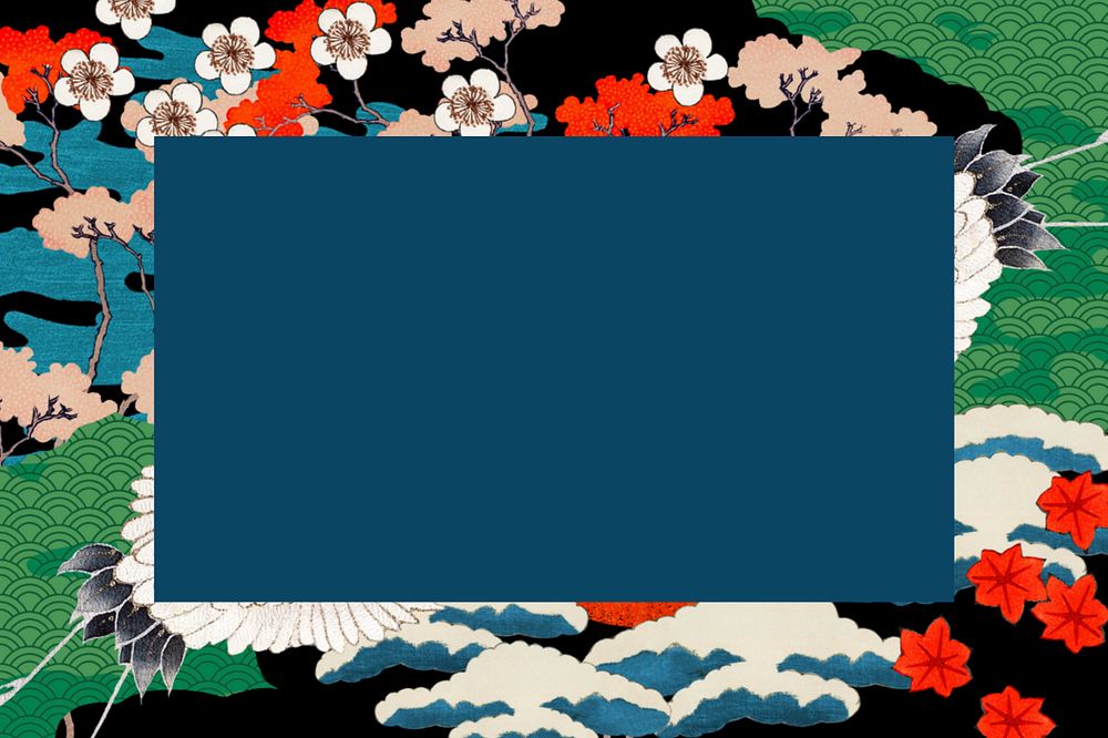 Japanese crane-patterned frame background, traditional illustration remixed from the artwork of Watanabe Seitei, editable…