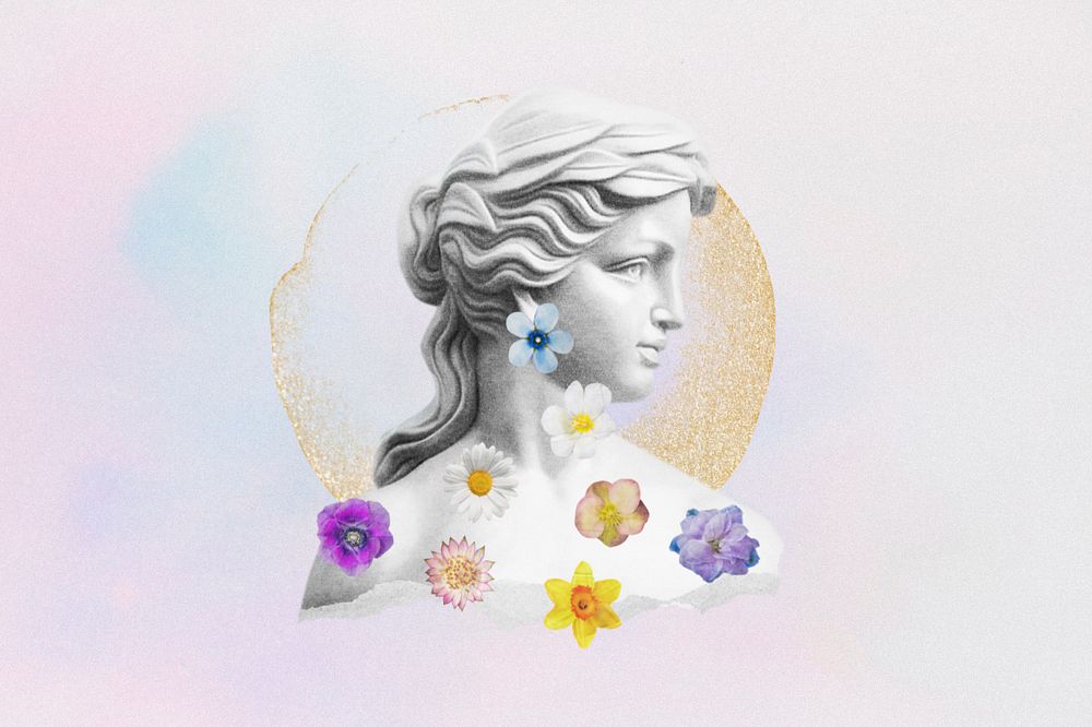 Vintage female Greek sculpture, editable flower collage element remix design