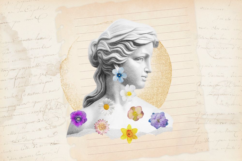 Vintage floral Greek female sculpture, editable feminine collage element remix design