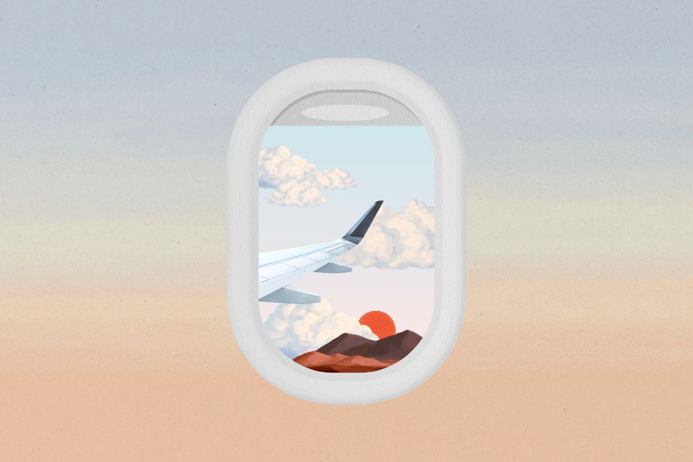 Editable airplane window view, aesthetic travel collage design