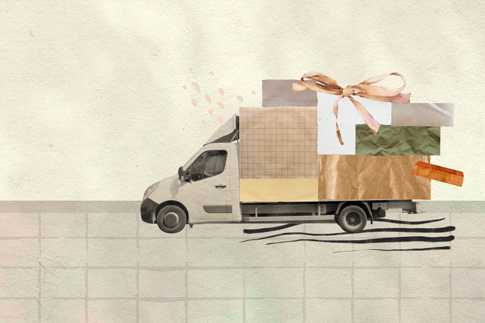 Editable delivery truck, paper collage design