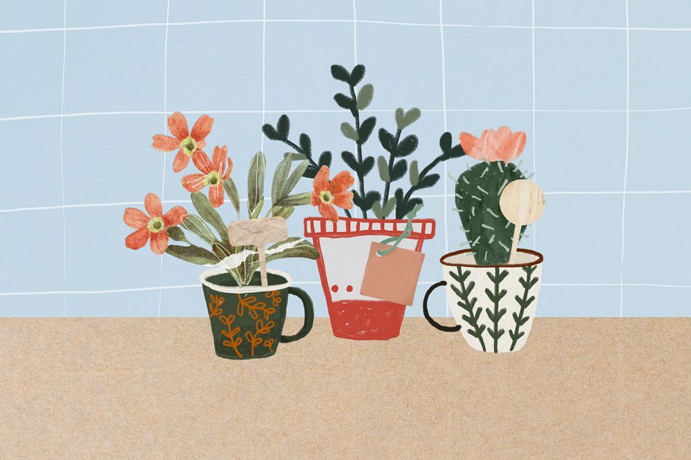 Cute houseplants, editable gardening hobby collage art design