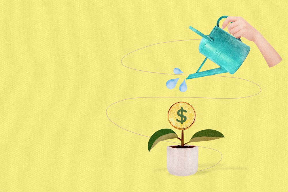 Editable watering plant money, creative finance collage design