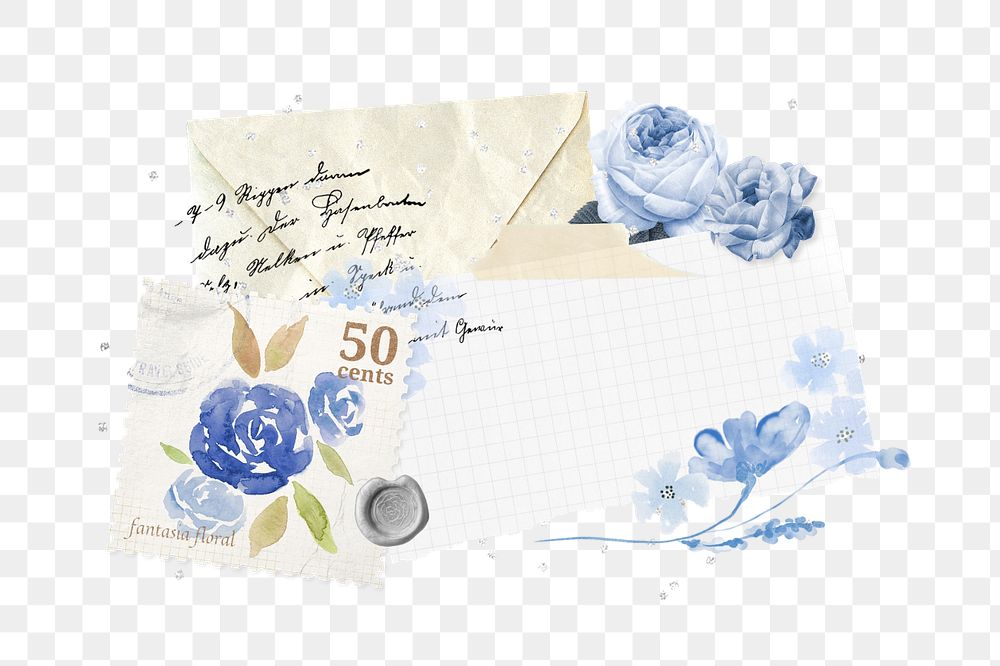 Vintage envelope sticker, editable blue rose letter design