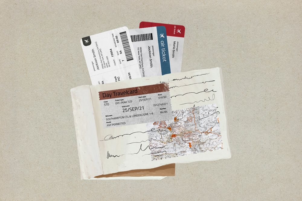 Aesthetic travel, editable flight tickets collage design