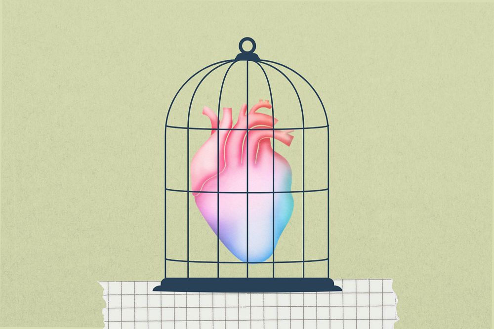 Caged human heart, editable surreal collage design