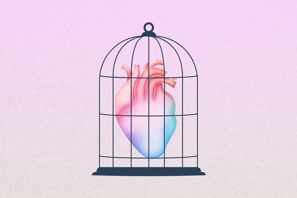 Caged human heart, editable surreal collage design