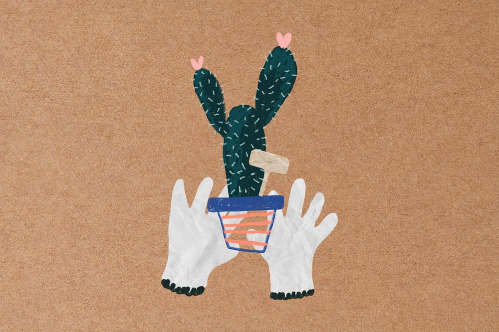 Potted cactus, editable gardening hobby collage art design