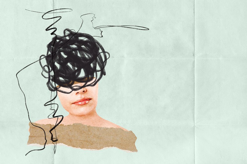 Depressed woman background, editable scribble head collage design